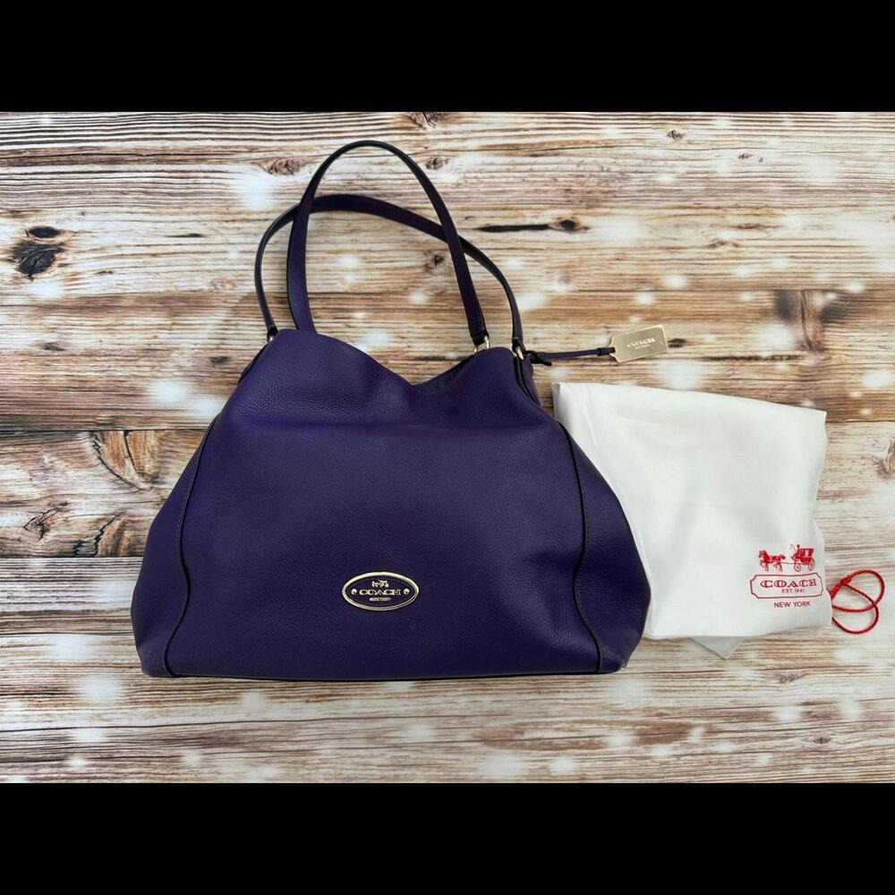 Coach Edie Turnlock Purple Gold Large Pebbled Leather Triple Hobo Shoulder Bag